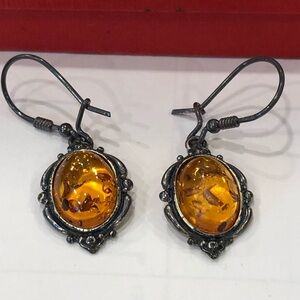 Vintage oval shaped Baltic Real AMBER earrings 925 sterling silver setting Mark